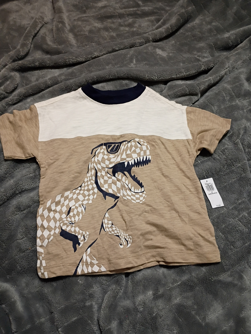 Old Navy Beige & White Dino Graphic Short Sleeve Tee with Navy Trim